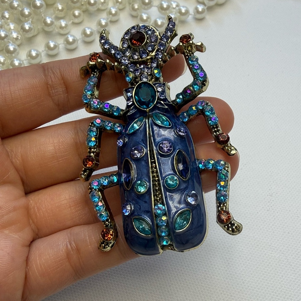 Blue Bejeweled Beetle Brooch - Picture 6 of 7